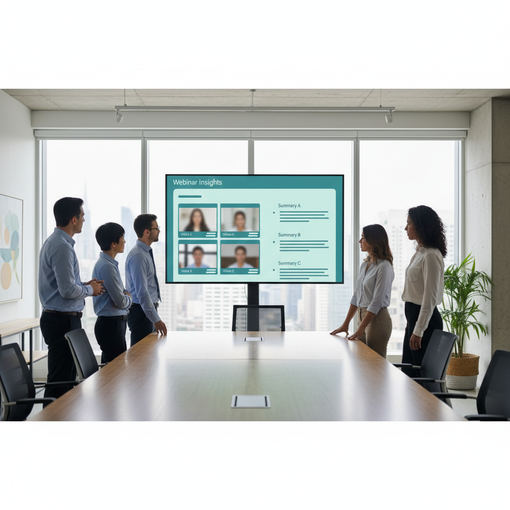Team in an office looking at a large screen with video thumbnails and text summaries