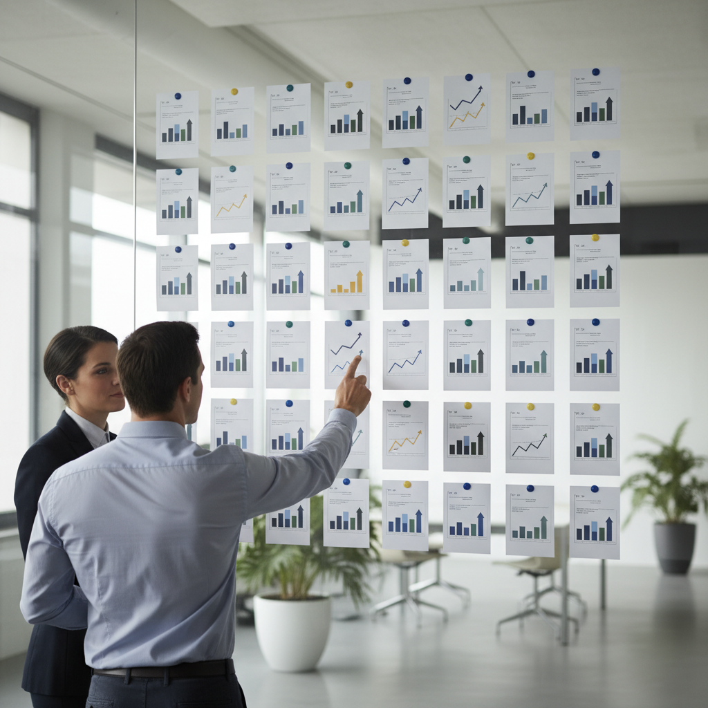 Colleagues reviewing a wall of neatly arranged one-page progress reports and charts