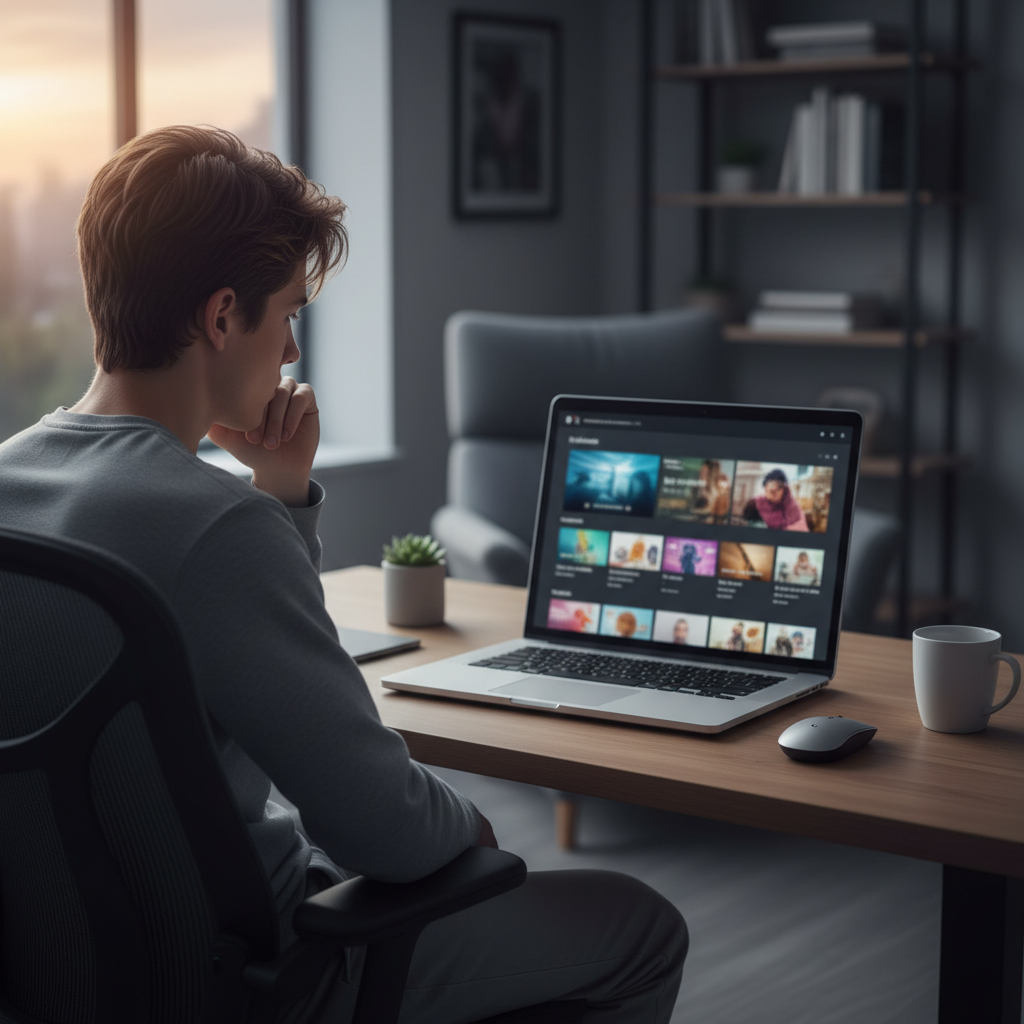 Person at a desk looking at a video platform on a laptop, struggling with how to stop wasting time on YouTube