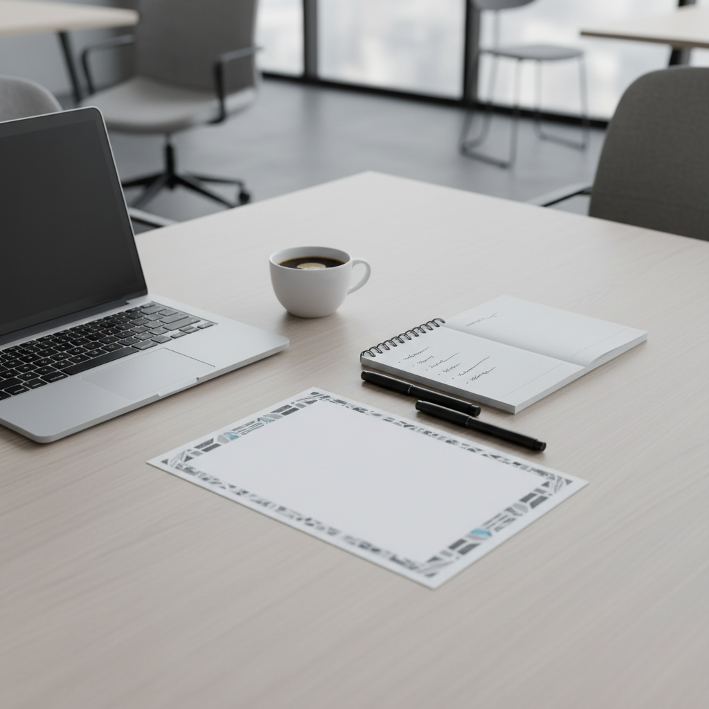 Overhead view of a meeting table with agenda, notebook, and laptop used for meeting minutes