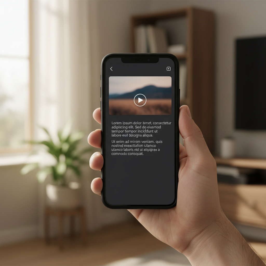 Hand holding a smartphone showing a video app with a transcript section below the video