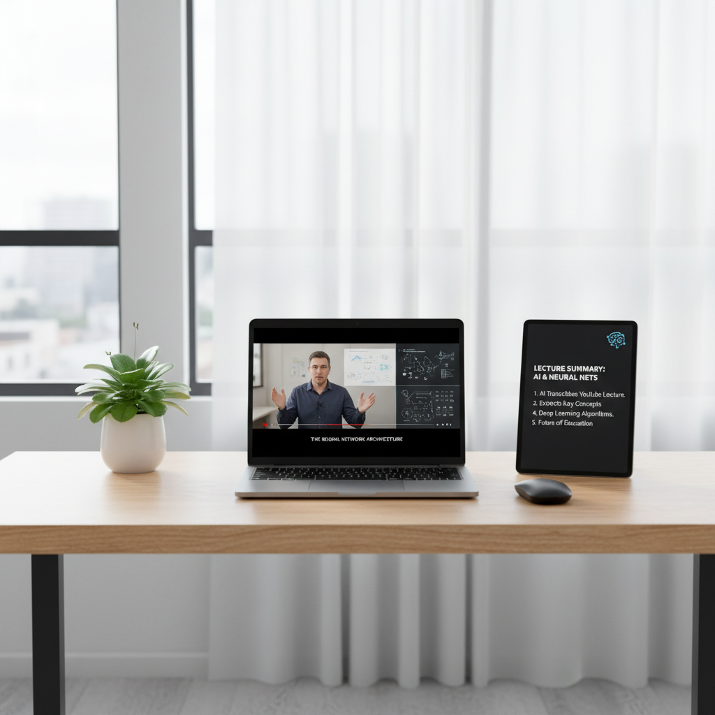 Laptop playing an educational video next to a tablet displaying organized bullet point notes