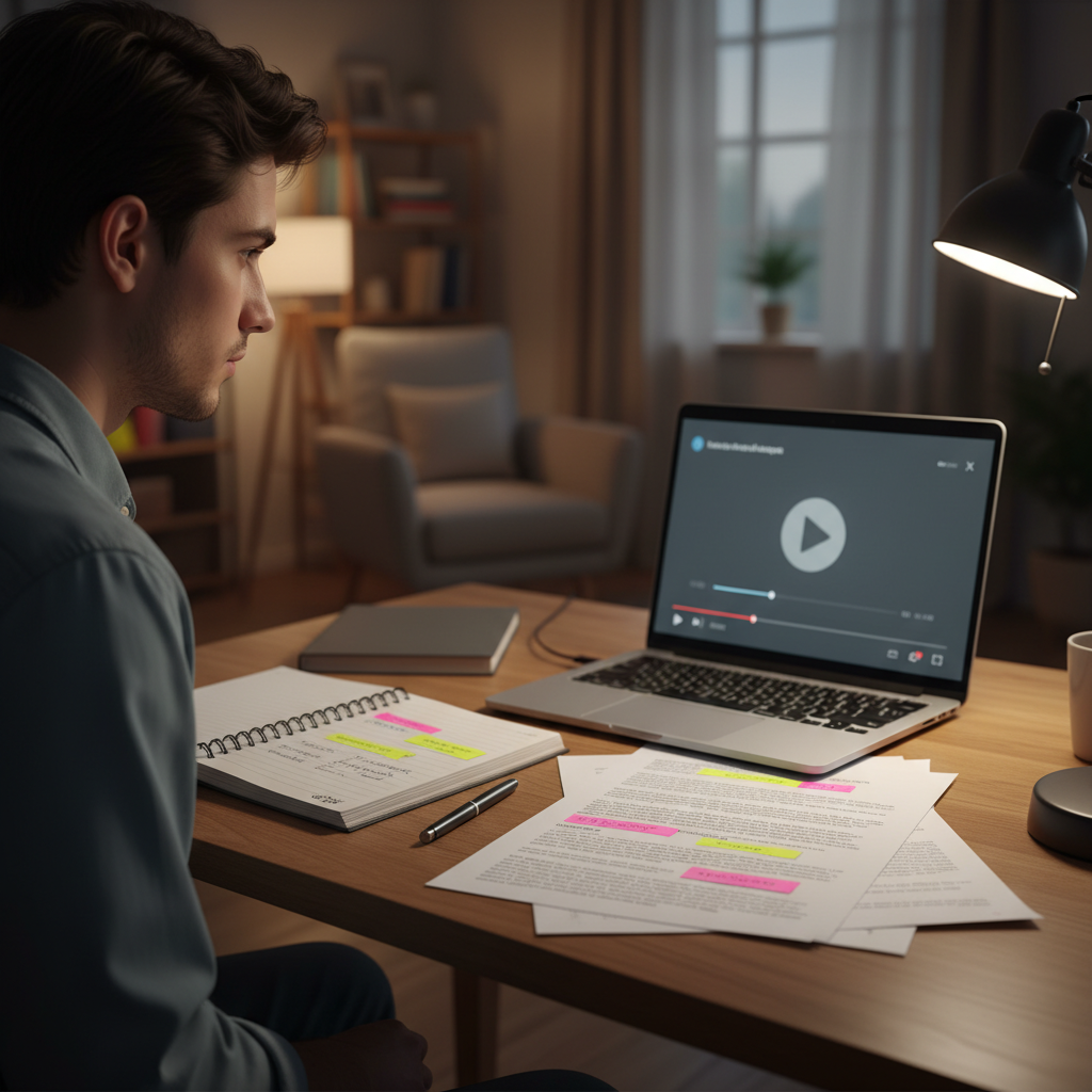 Student watching an educational video on a laptop while reviewing written study notes