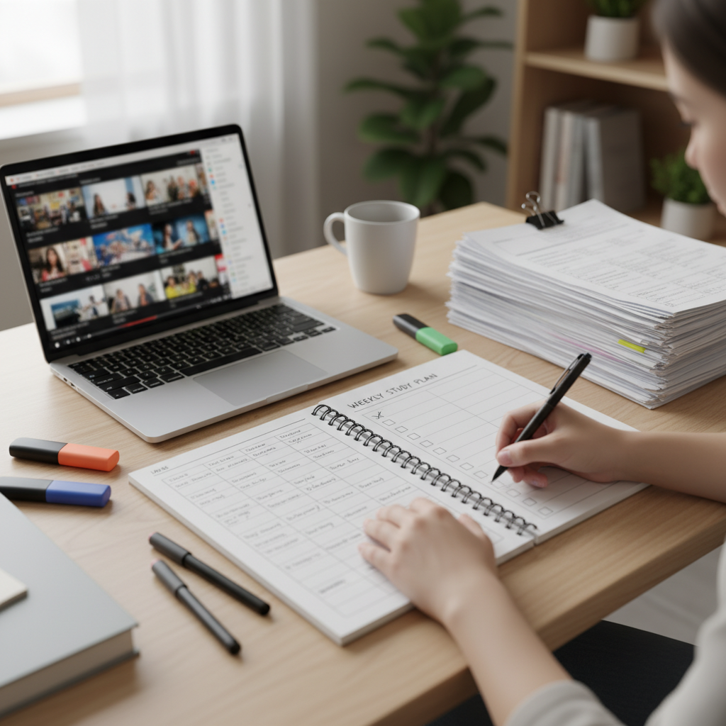 Person planning a weekly study schedule with a laptop showing a lecture playlist and a notebook of organized notes