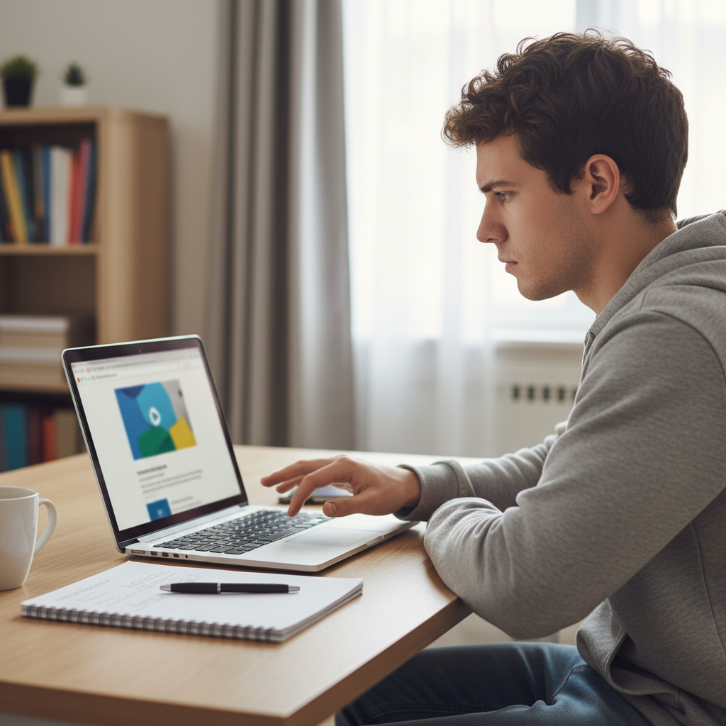 Student pausing with hand over a laptop trackpad before clicking a video