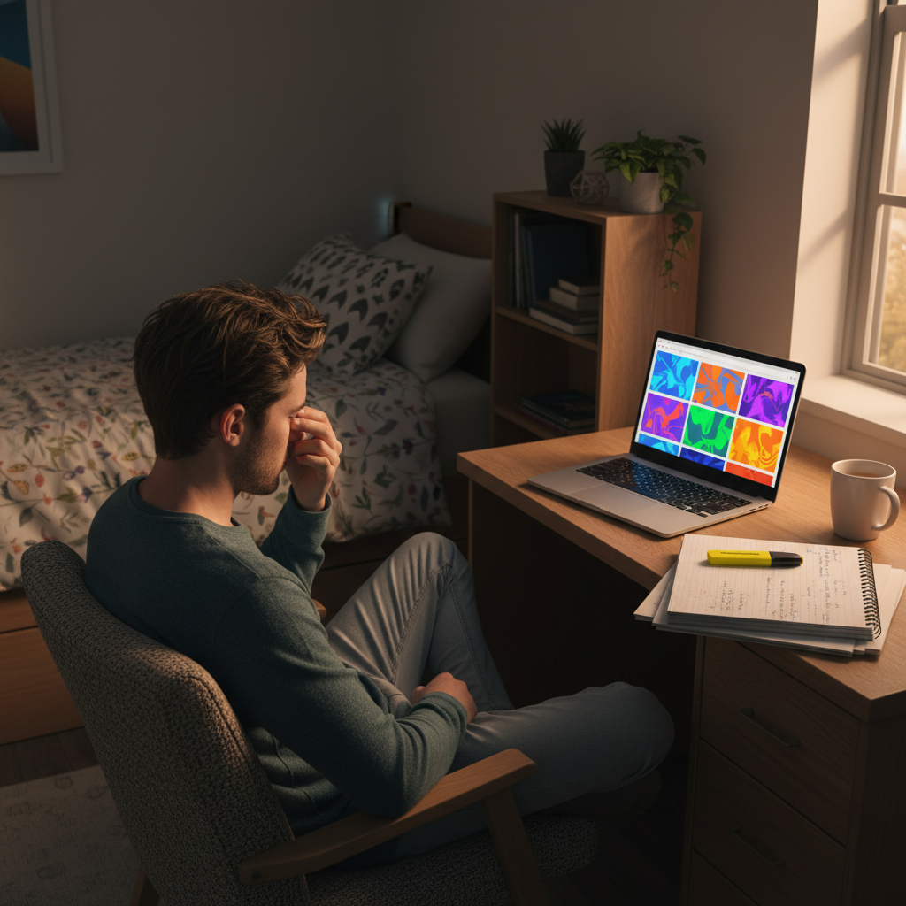 College student at a desk looking at a laptop full of video thumbnails while studying