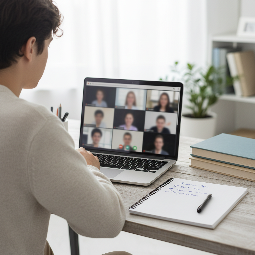 Student using a checklist next to a laptop showing multiple blurred video thumbnails