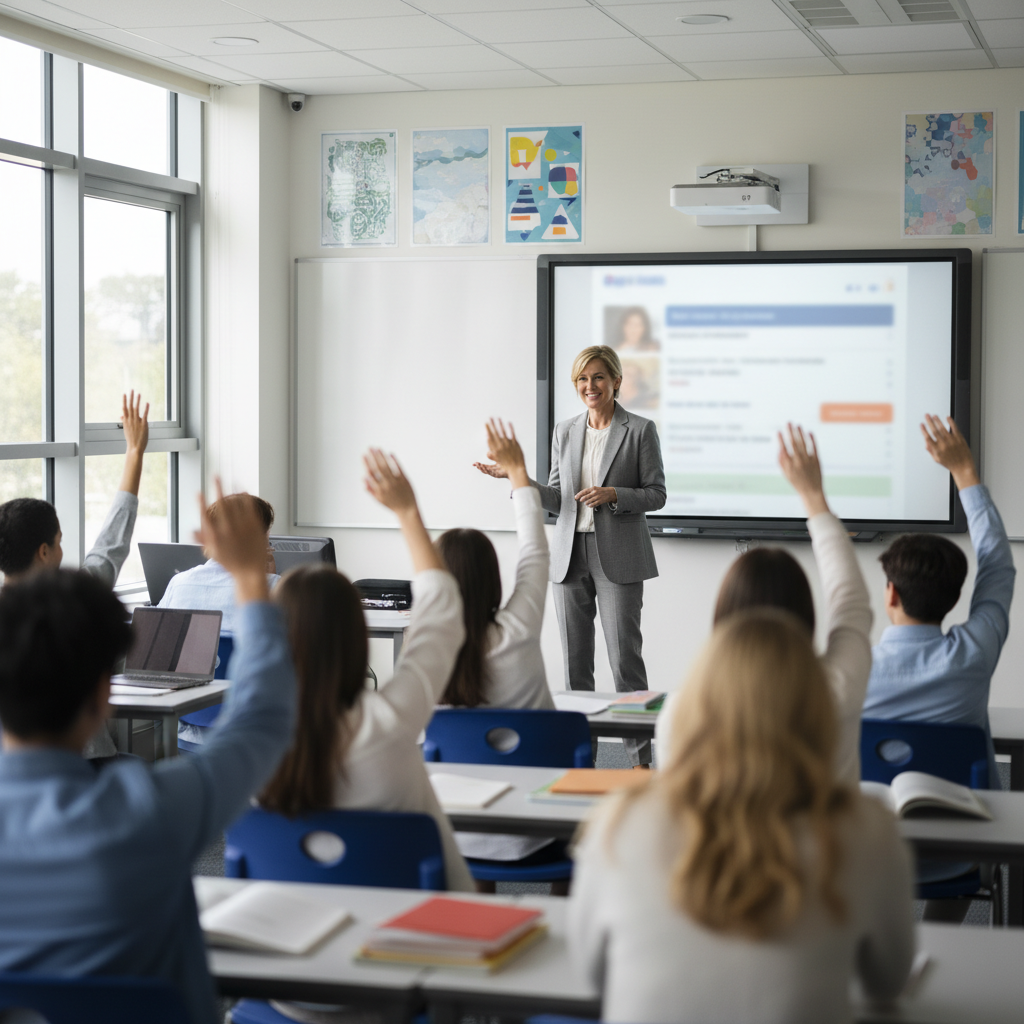 Secondary teacher leading a class discussion while students raise hands in front of a projected social media feed