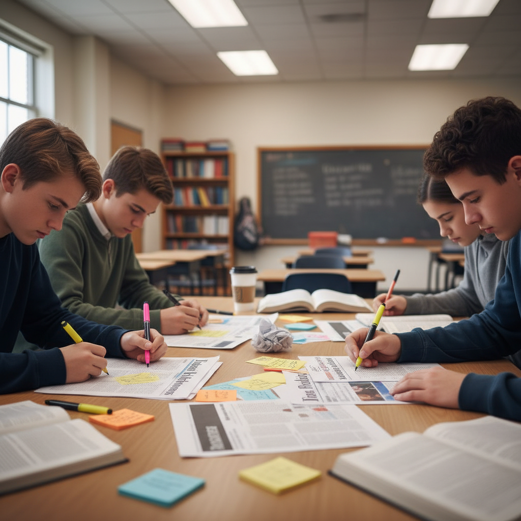 High school students highlighting and annotating printed news headlines around a classroom table