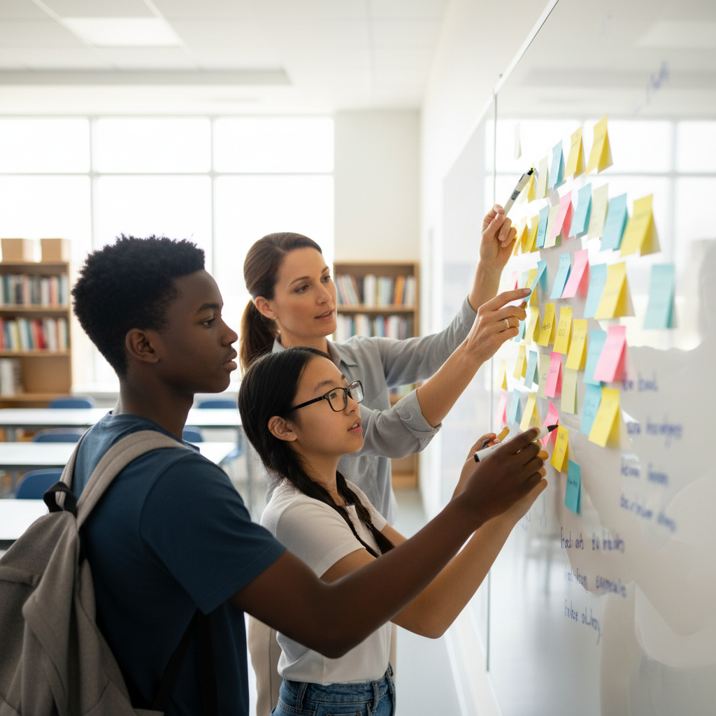 Teacher and teen students standing at a whiteboard covered in sticky notes while revising headlines