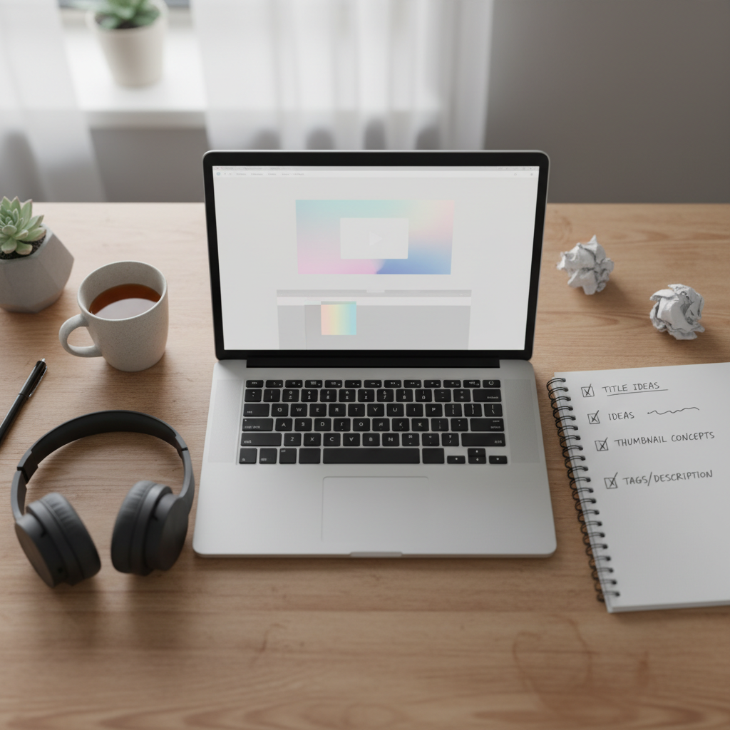 Overhead view of a creator’s desk with a laptop and a handwritten checklist beside it