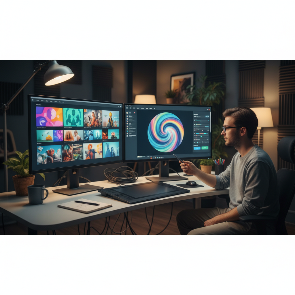 Designer in a studio editing video thumbnails on dual monitors, including AI-assisted artwork