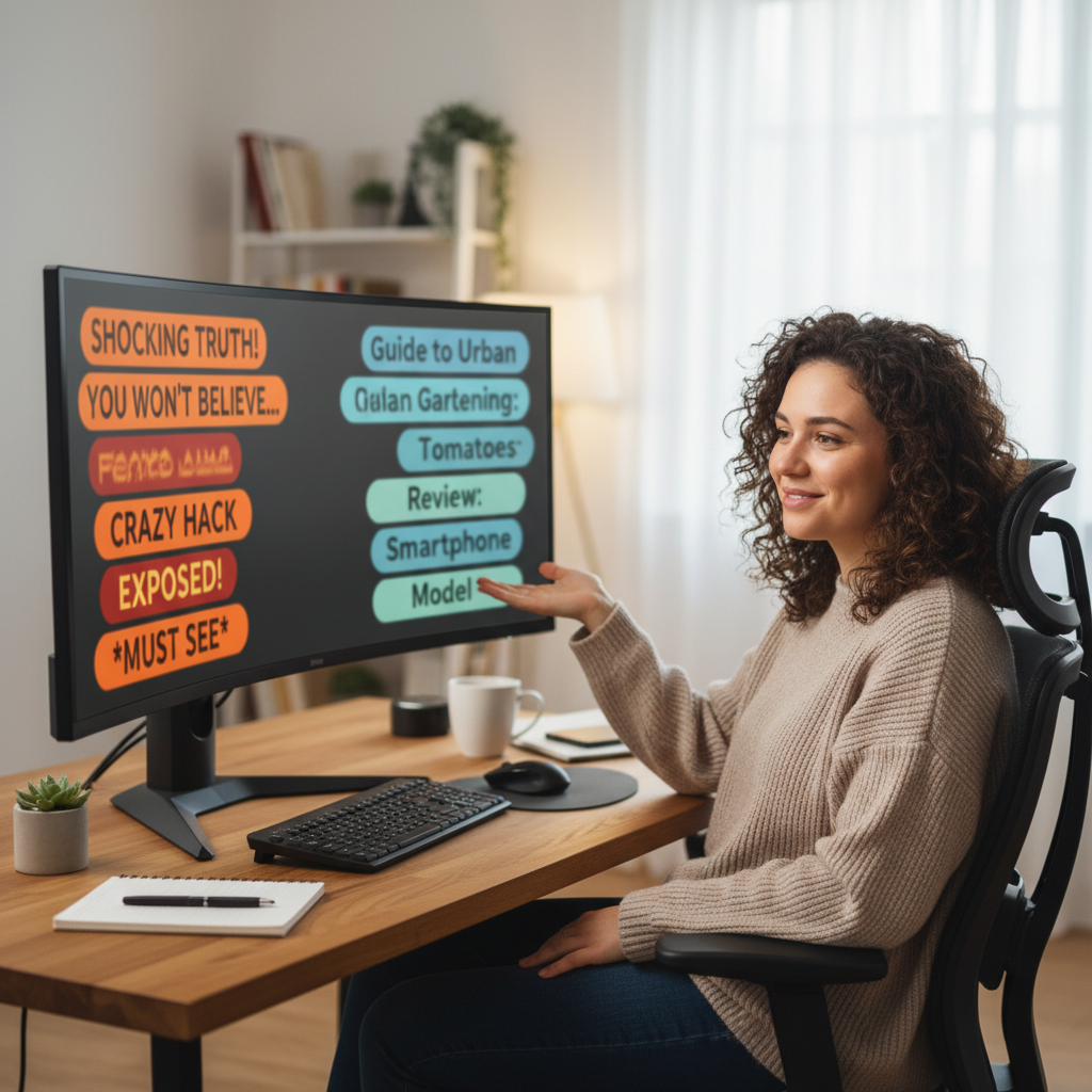 Content creator comparing misleading and honest video title concepts on a large monitor