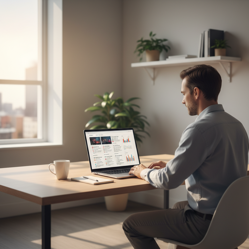 Marketer reviewing website headlines and analytics on a laptop in a modern office