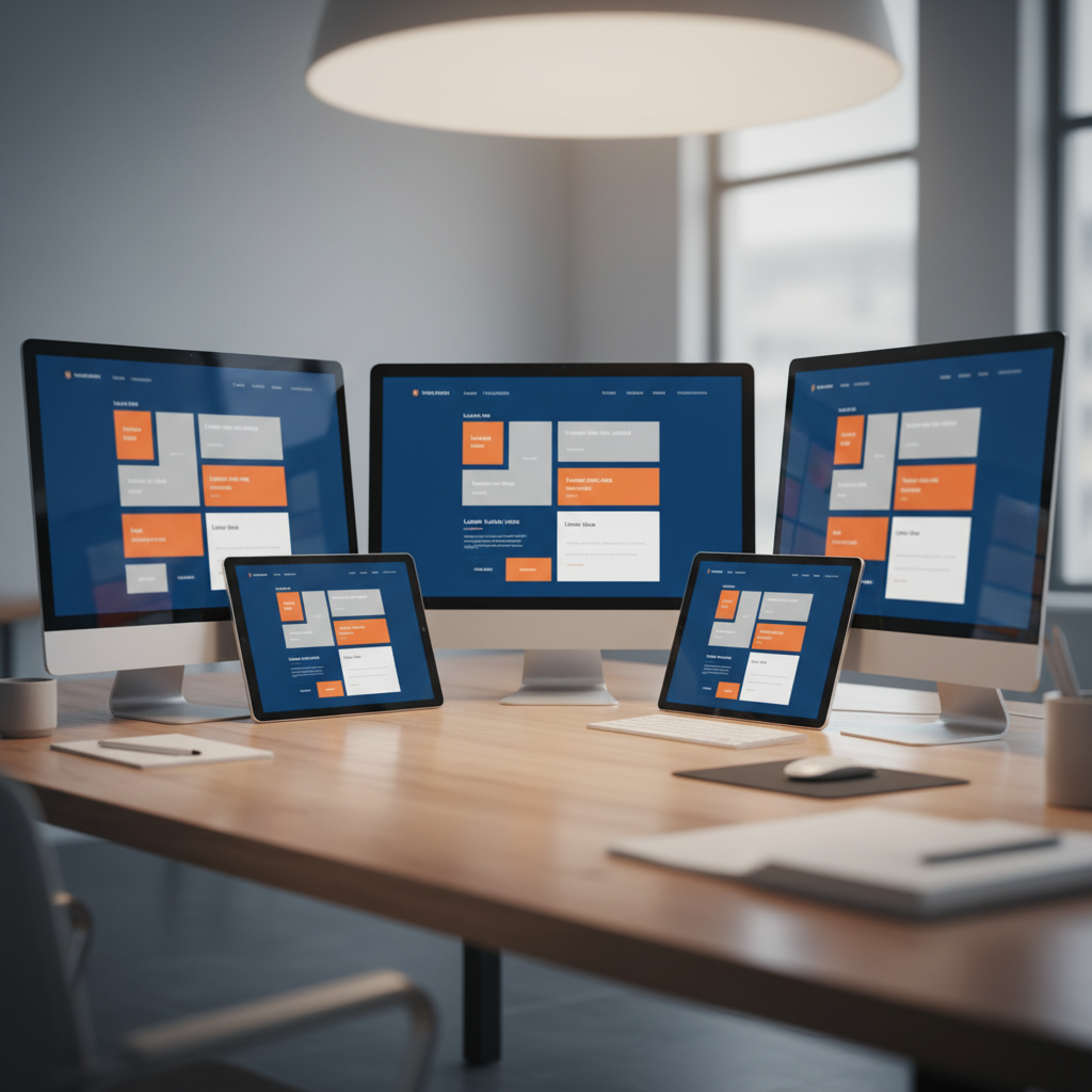 Multiple screens showing different abstract landing page layouts and bold headline blocks
