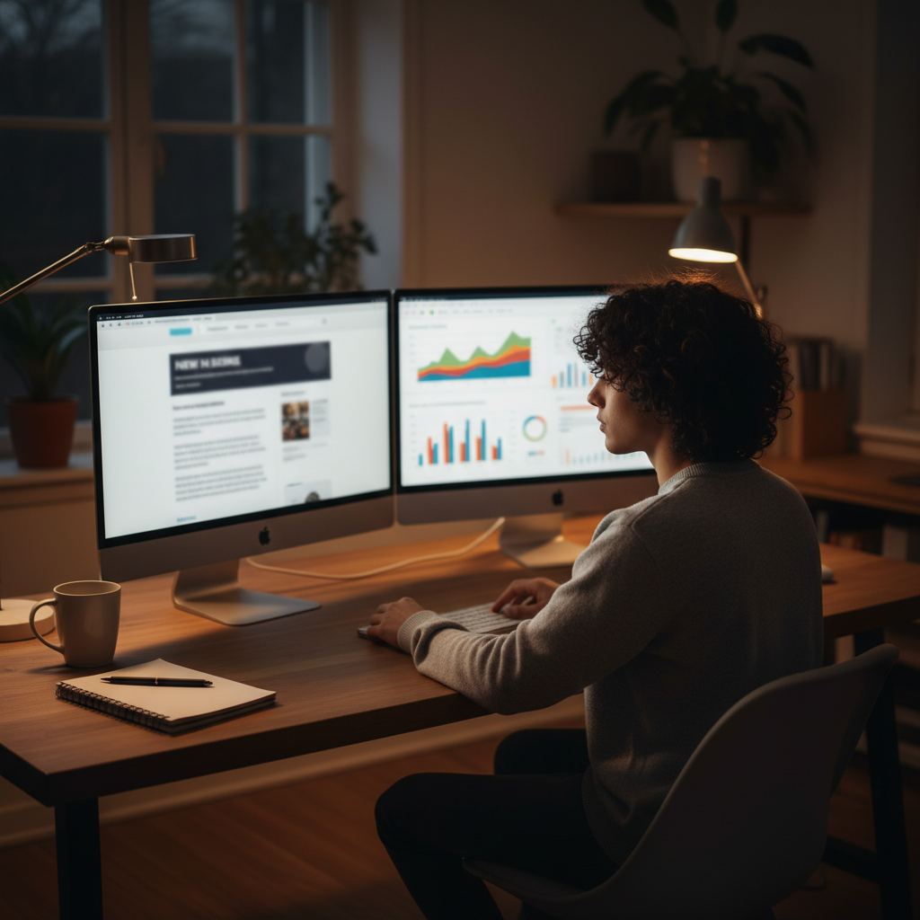 Person comparing a web page with a bold headline to analytics charts on dual monitors