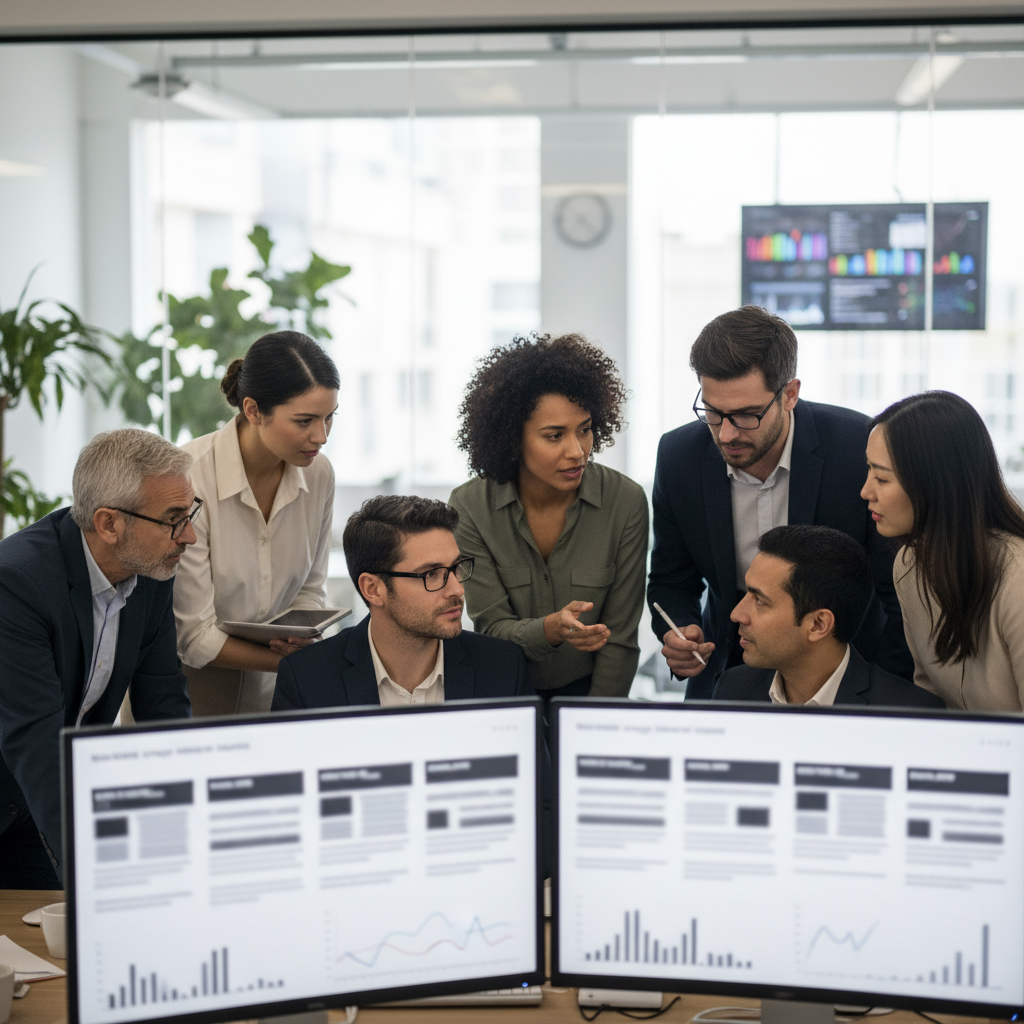Editorial team reviewing headlines and analytics on screens in a modern office