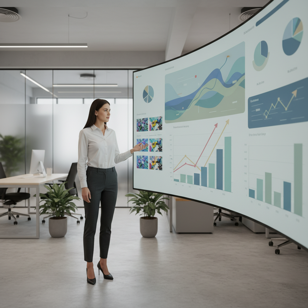Digital marketing manager pointing to website analytics and video performance on a large screen
