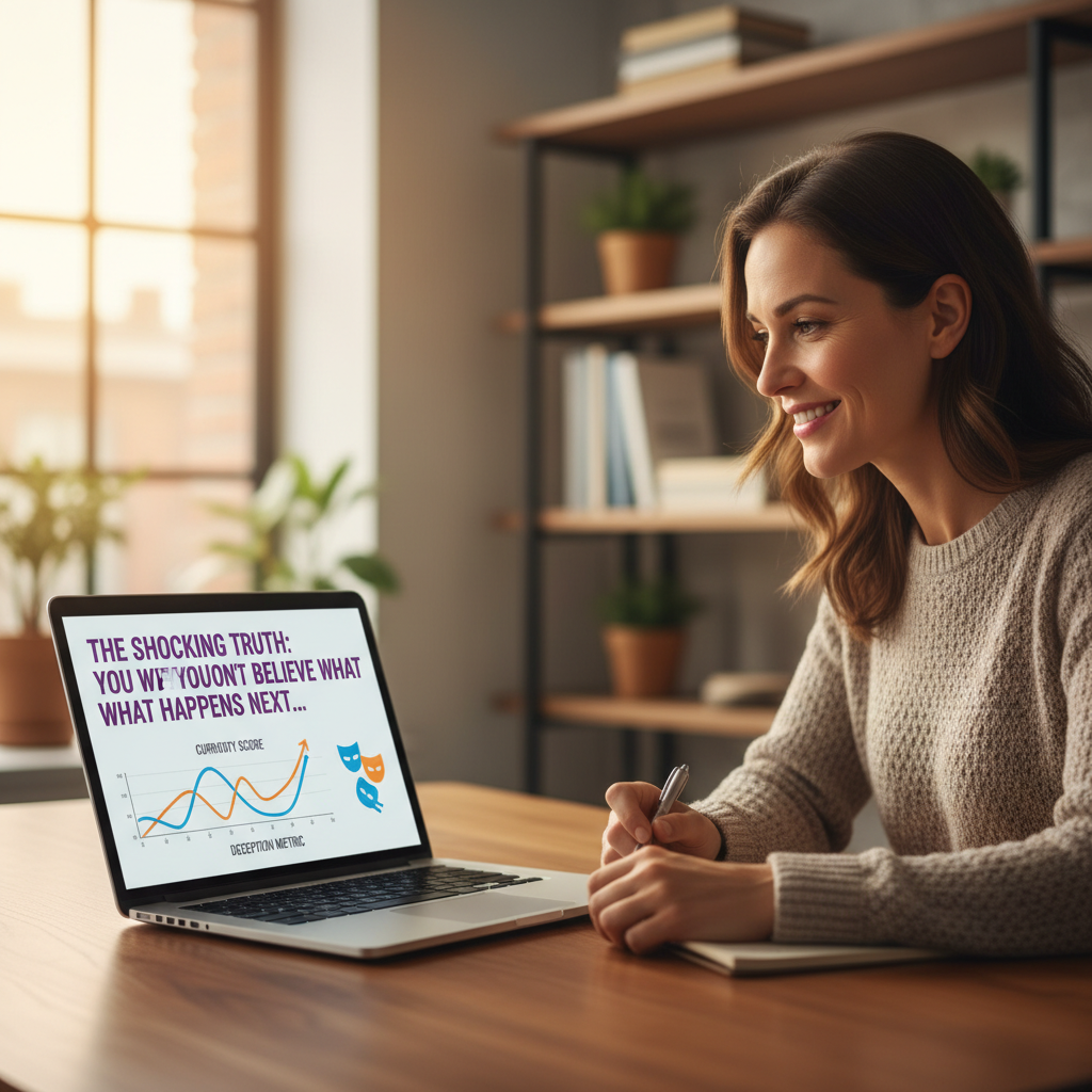 Content editor reviewing a laptop screen with website headlines and engagement graphs