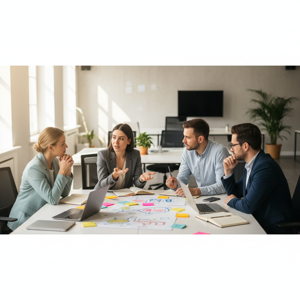Small marketing team brainstorming headlines and clickbait techniques around a table